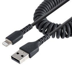 Cable de 50cm USB a Lightning en Espiral con Certificación MFi Negro, Cable Lightning en Espiral de Carga para iPhone, Extremo S