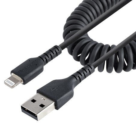 Cable de 50cm USB a Lightning en Espiral con Certificación MFi Negro, Cable Lightning en Espiral de Carga para iPhone, Extremo S
