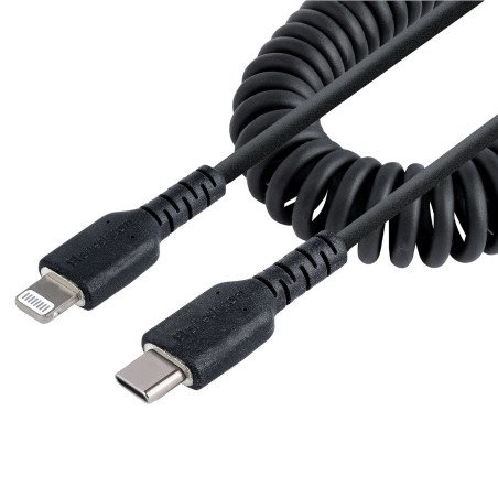 Cable 50cm USB-C a Lightning en Espiral con Certificación MFi, Cable USB Tipo C en Espiral Negro de Carga para iPhone, USBC