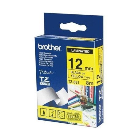 Cinta Brother laminada TZe631 negro sobre amarillo de 12 mm de grosor