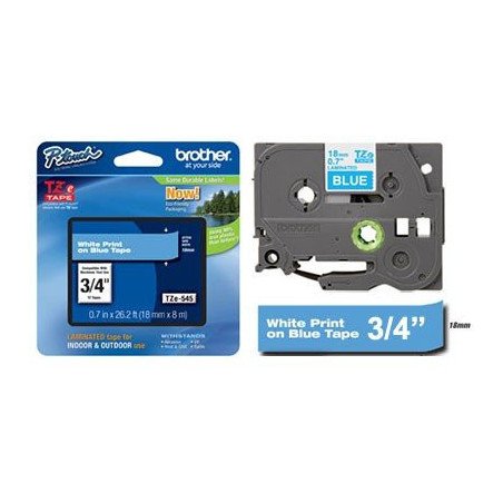Cinta Brother laminada TZe545 blanco sobre azul 18 mm de grosor
