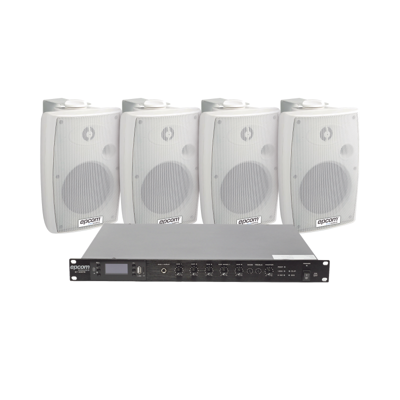 Kit de amplificador de audio 120w para rack, 4 altavoces de pared color blanco 2.5w - 20w, sistema 70, 100v