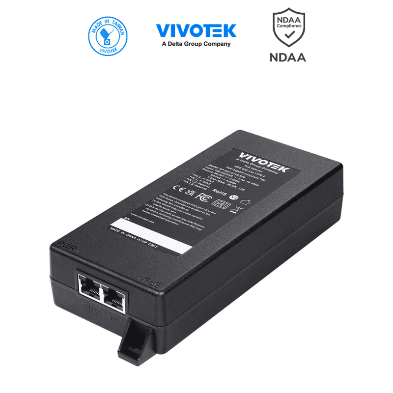 Inyector PoE Gigabit de 90W con 1 puerto, compatible con 802.3af, at, BT, NDAA, 56VDC, 1.61A y protección de 6KV