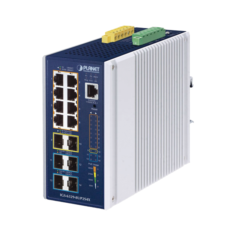 Switch Industrial Capa 3 de 8 Puertos 10/100/1000T PoE 802.3bt, 2 Puertos SFP 1 G/2.5 G, 4 Puertos SFP 10G, Instalación en Pared