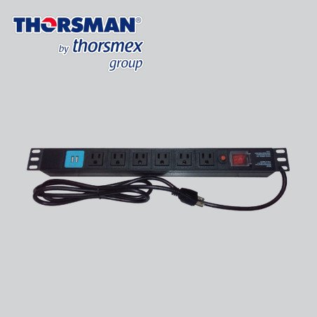 Tomacorriente Horizontal (PDU) de 6 contactos (NEMA 5-15R) + 2 USB para instalación en Rack de 19", 1UR, 125 Vca, 15 A (THE00400