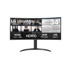 Monitor PC LG curvo ultrawide QHD 34, resol. 3440x1440, 1800r, panel VA, rel. 21:9, brillo 300 cd, m2, contr. 3000:1, tr 5ms, 10