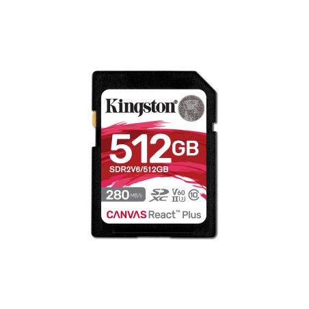 Memoria flash Kingston Technology Canvas React Plus, 512 GB, SDXC, Clase 10, UHS-II, 280 MB/s, 150 MB/s