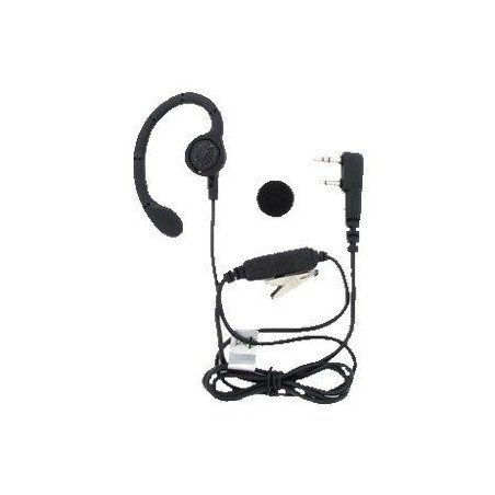Micrófono de solapa con audífono estilo gancho.