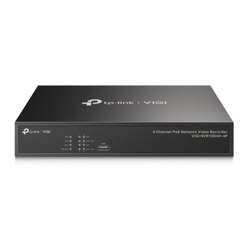 NVR TP-link VIGI NVR1004H-4P NVR Poe 4 canales HDMI 4k h.265 onvif plug and play audio bidireccional grabación continua 24, 7 an