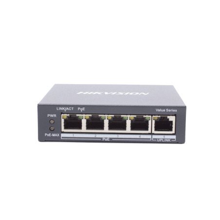 Switch gigabit PoE+, no administrable, 4 puertos 10/100/1000 Mbps PoE+, 1 puerto 10/100/1000 Mbps uplink, 35 w