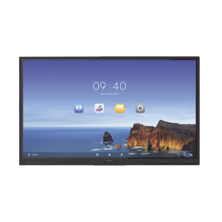 Pantalla interactiva touch de 65" Android 11, cámara web 8 MP, resolución 4k, bocinas integradas, entradas HDMI y VGA, incluye 2