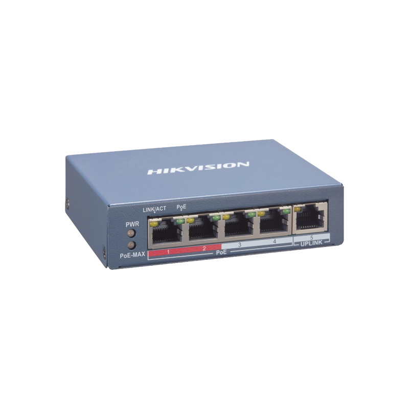 Switch PoE+, Monitoreable, 4 Puertos 10/100 Mbps PoE+, 1 Puerto 10/100 Mbps Uplink, Modo Extendido hasta 300 Metros, 45 W