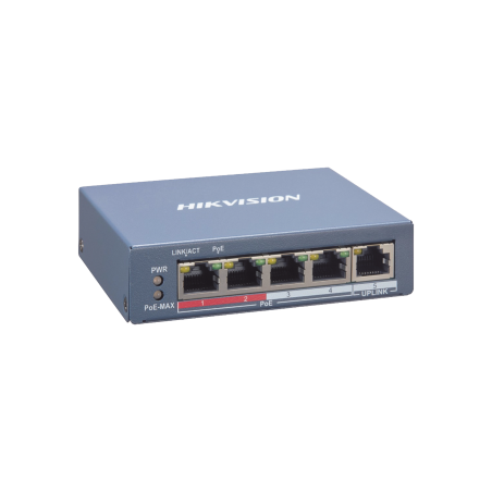 Switch PoE+, Monitoreable, 4 Puertos 10/100 Mbps PoE+, 1 Puerto 10/100 Mbps Uplink, Modo Extendido hasta 300 Metros, 45 W