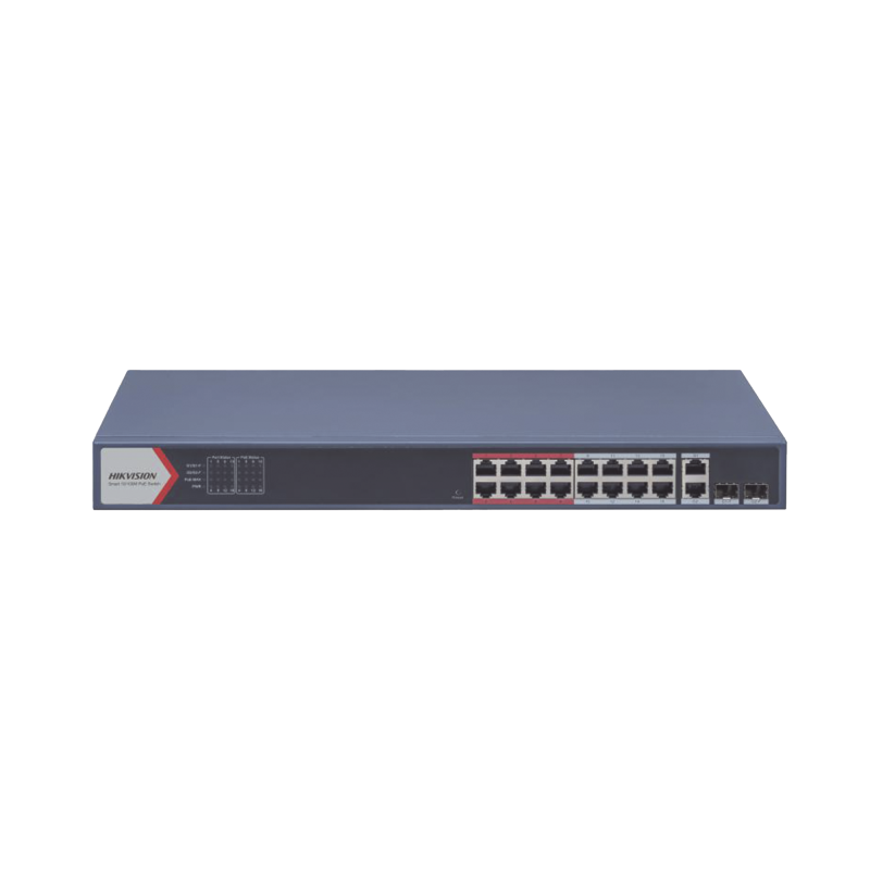 Switch Monitoreable PoE+, 16 puertos 100 Mbps PoE+, 2 Puertos 1000 Mbps Uplink + 2 Puertos SFP de Uplink, PoE hasta 300 Metros,