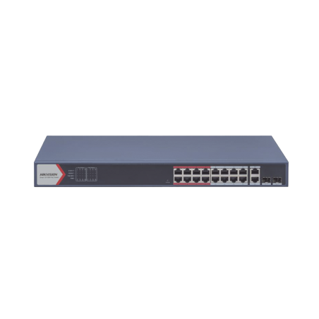 Switch Monitoreable PoE+, 16 puertos 100 Mbps PoE+, 2 Puertos 1000 Mbps Uplink + 2 Puertos SFP de Uplink, PoE hasta 300 Metros,