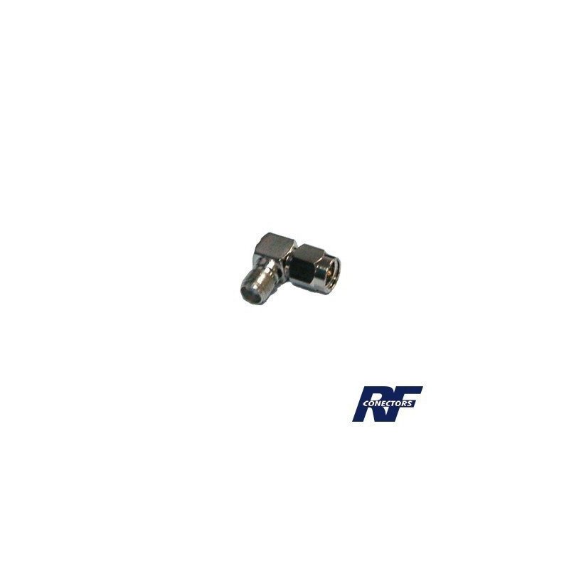 Adaptador en Angulo Recto, de conector SMA Macho a SMA Hembra.