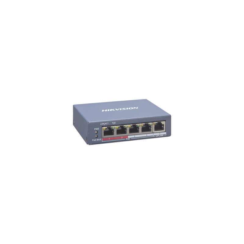 Switch monitoreable PoE+, 4 puertos 10, 100 Mbps Poe+, 1 puerto RJ45 uplink, PoE hasta 250 metros, 60 w, conexión remota desde H