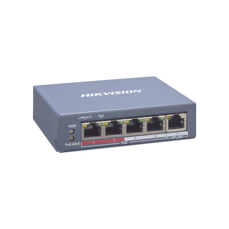 Switch monitoreable PoE+, 4 puertos 10, 100 Mbps Poe+, 1 puerto RJ45 uplink, PoE hasta 250 metros, 60 w, conexión remota desde H