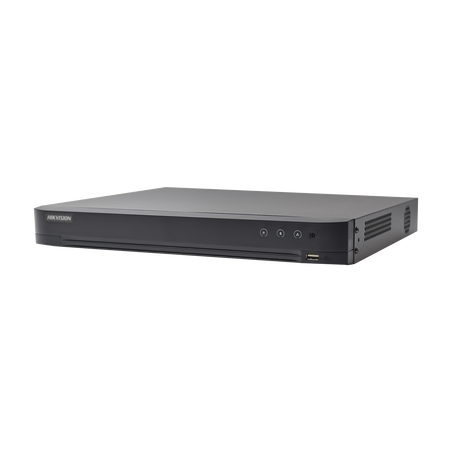 DVR 3 megapixeles Hikvision pentahíbrido, 4 canales TurboHD + 1 canales IP, 1 bahía de disco duro, 1 canal de audio, vídeoanális