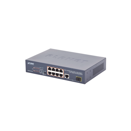 Switch no administrable 8 puertos 10/100 c, PoE, 1 puerto uplink 10/100/1000 y 1 SFP 100/1000 para escritorio
