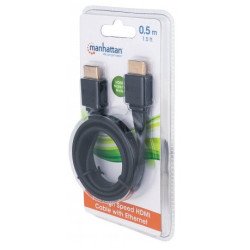 Cable HDMI 2.0 plano Manhattan m-m 0.5 m (1.5 ft) de alta velocidad con canal Ethernet en blíster